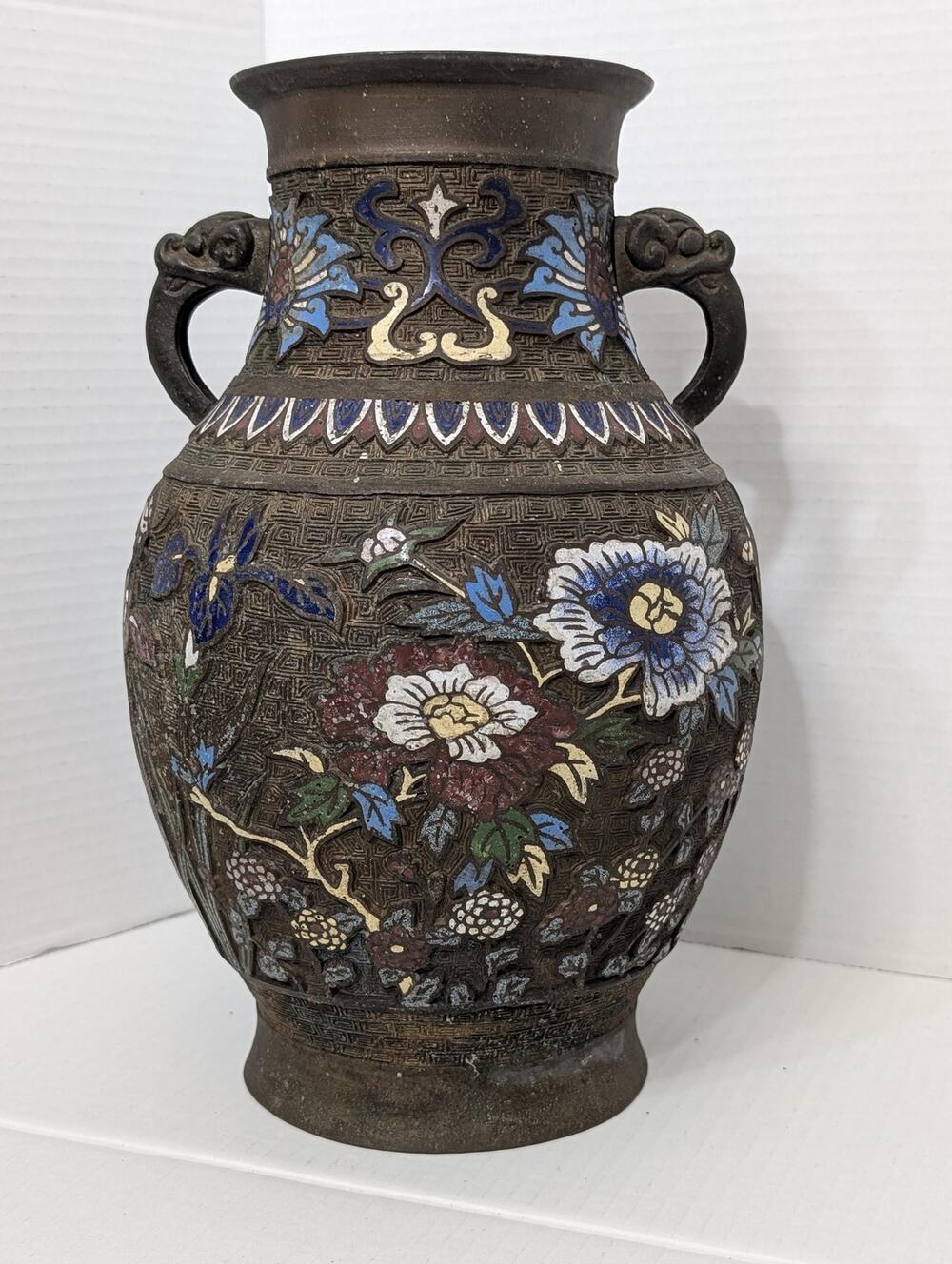 Antique Japanese Meiji Bronze Cloisonne Champleve Peony Vase Dragon Handles